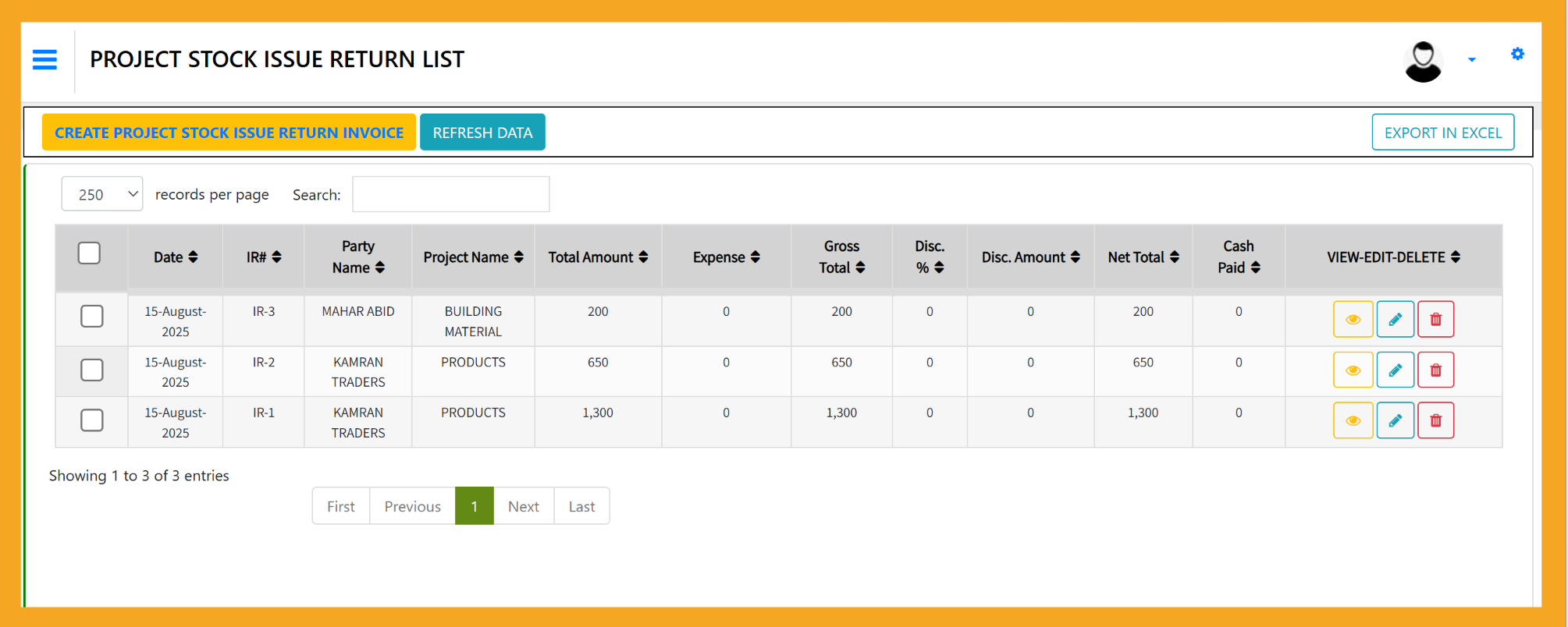 Project Stock Issue Return